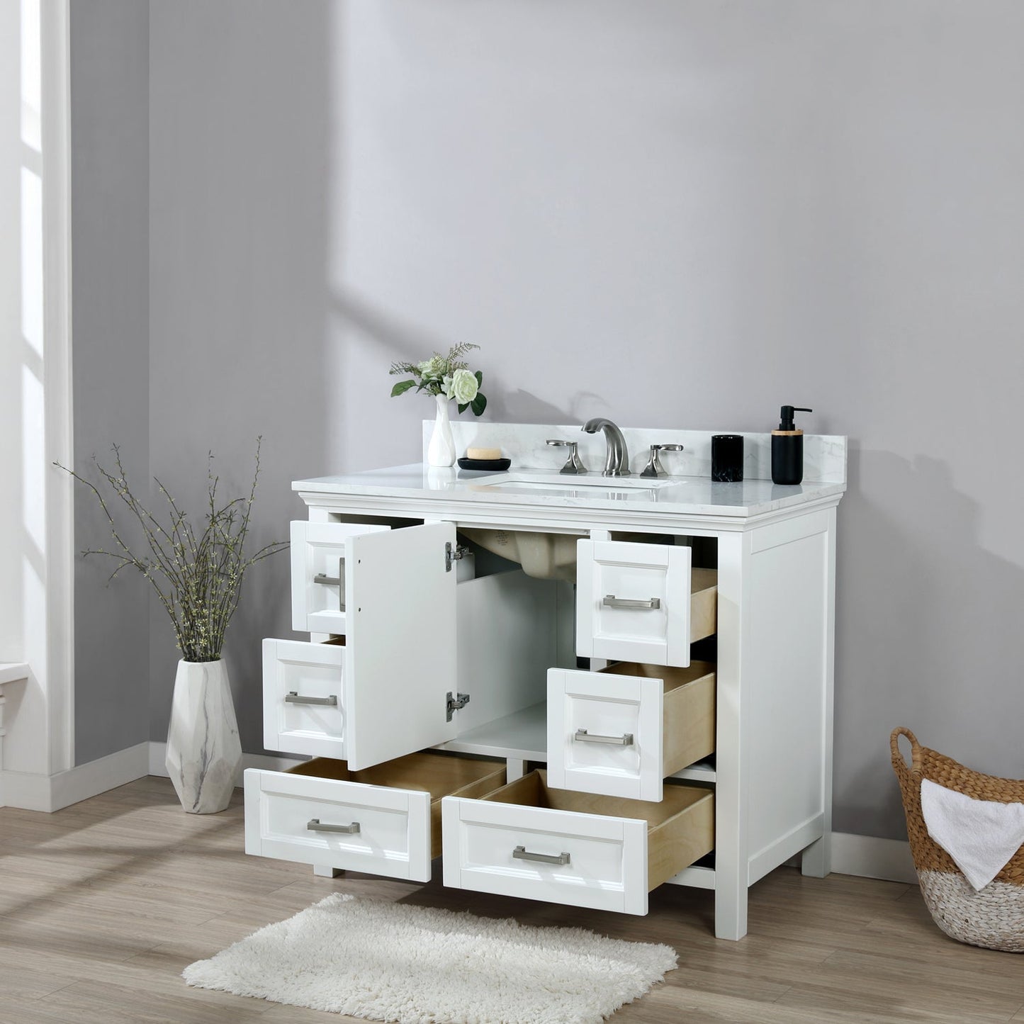 Isla 42" Single Bathroom Vanity Set in White and Aosta White Engineered Stone Countertop without Mirror