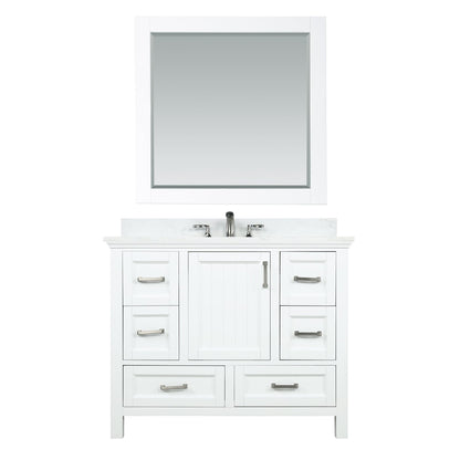 Isla 42" Single Bathroom Vanity Set in White and Aosta White Engineered Stone Countertop with Mirror
