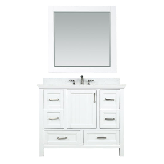 Isla 42" Single Bathroom Vanity Set in White and Aosta White Engineered Stone Countertop with Mirror