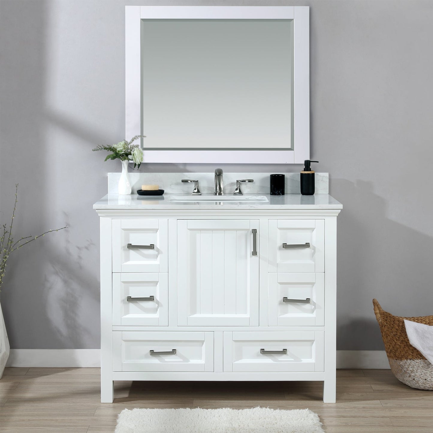 Isla 42" Single Bathroom Vanity Set in White and Aosta White Engineered Stone Countertop with Mirror