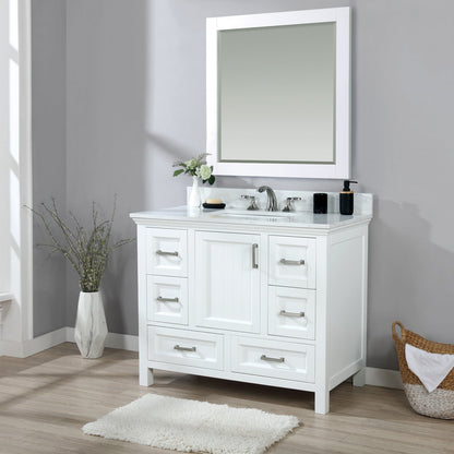 Isla 42" Single Bathroom Vanity Set in White and Aosta White Engineered Stone Countertop with Mirror