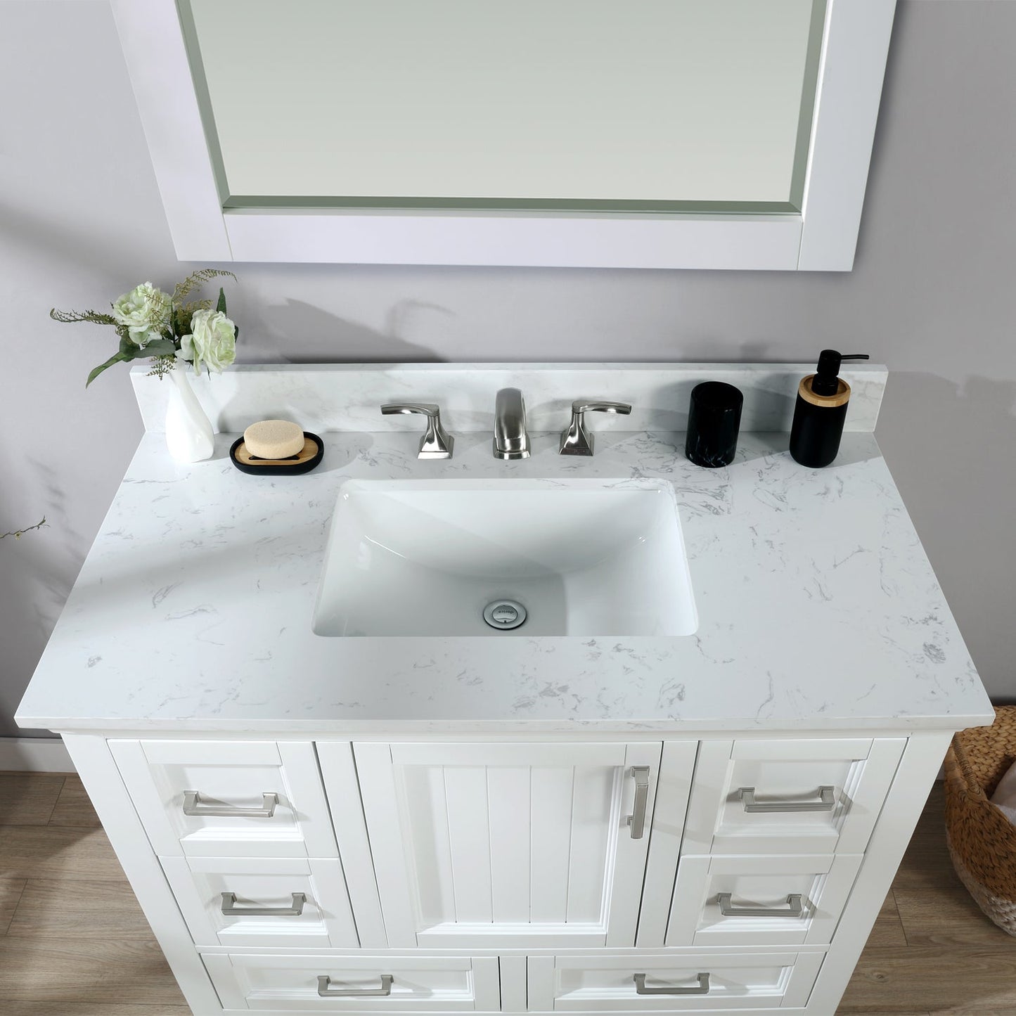 Isla 42" Single Bathroom Vanity Set in White and Aosta White Engineered Stone Countertop with Mirror