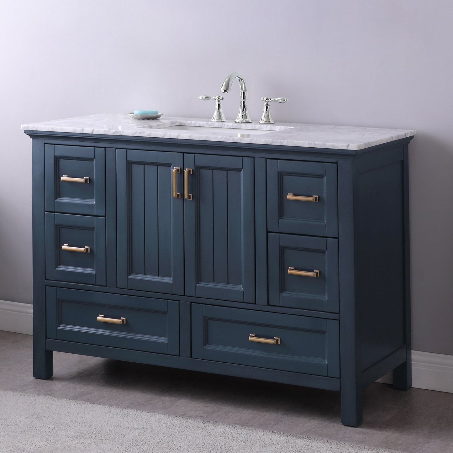 Isla 48" Single Bathroom Vanity Set in Classic Blue and Carrara White Marble Countertop without Mirror