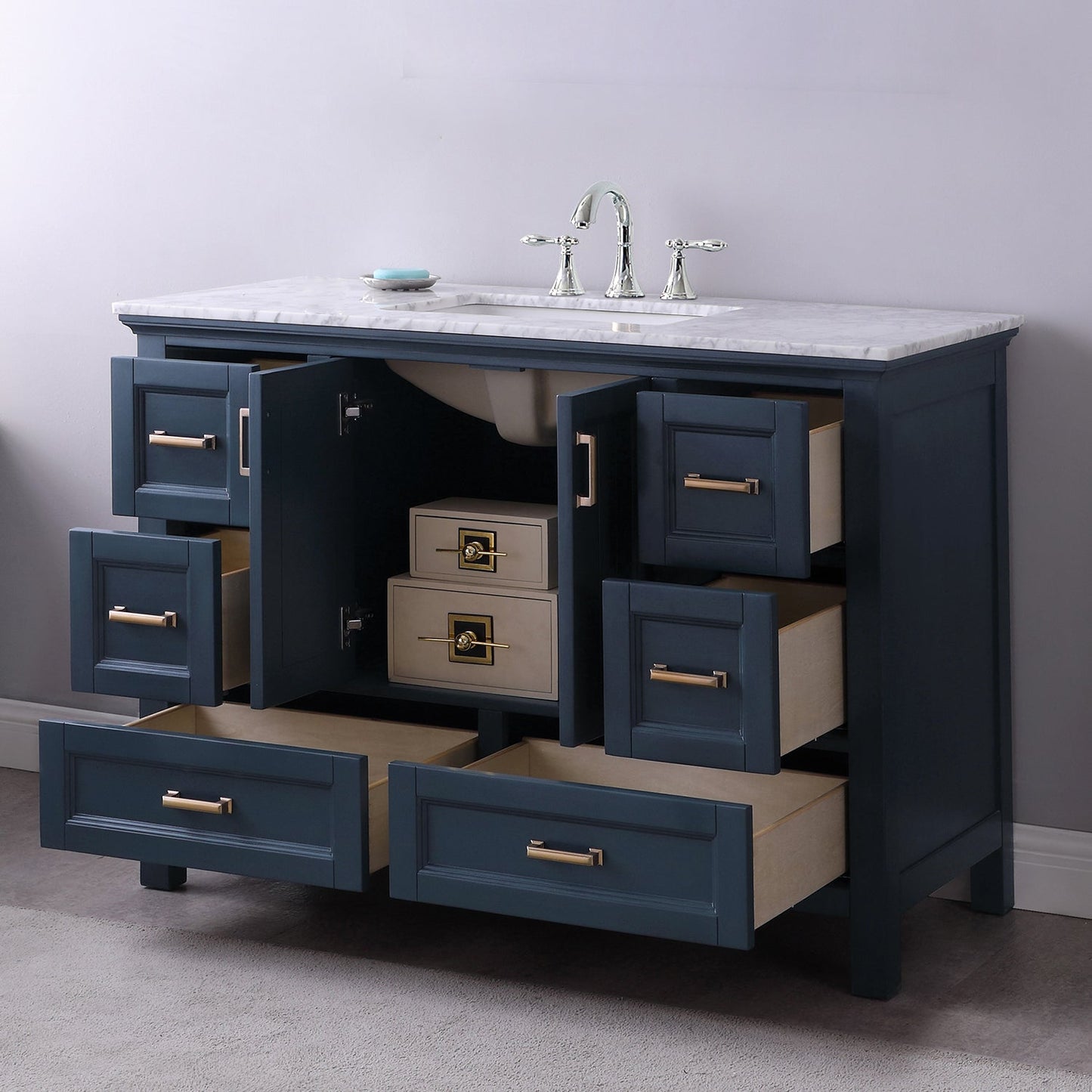 Isla 48" Single Bathroom Vanity Set in Classic Blue and Carrara White Marble Countertop without Mirror