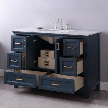 Isla 48" Single Bathroom Vanity Set in Classic Blue and Carrara White Marble Countertop without Mirror