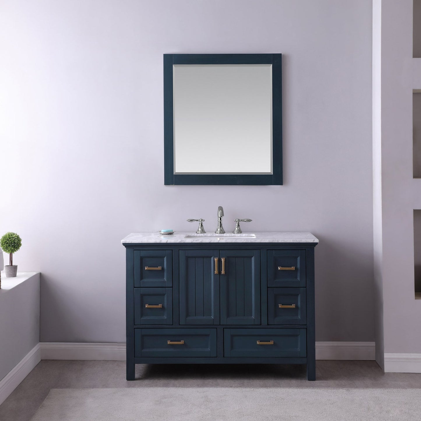 Isla 48" Single Bathroom Vanity Set in Classic Blue and Carrara White Marble Countertop with Mirror