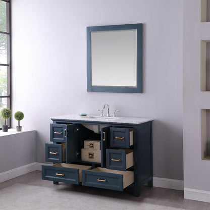 Isla 48" Single Bathroom Vanity Set in Classic Blue and Carrara White Marble Countertop with Mirror