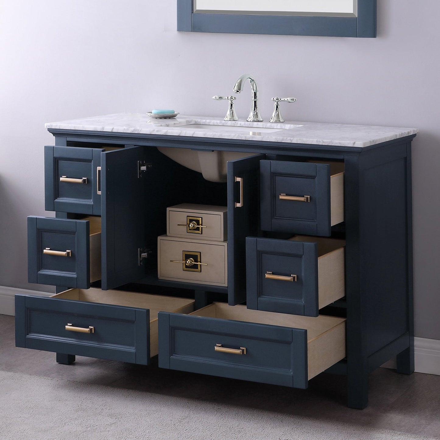 Isla 48" Single Bathroom Vanity Set in Classic Blue and Carrara White Marble Countertop with Mirror