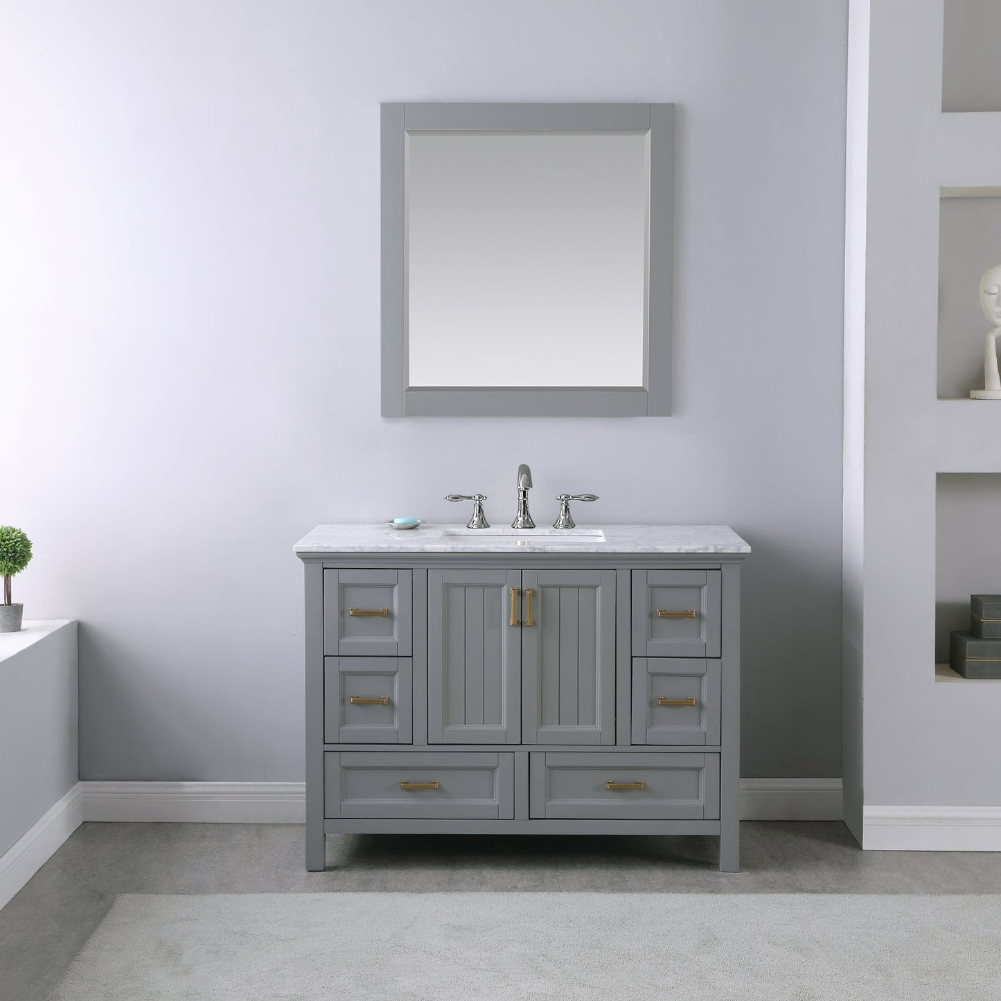 Isla 48" Single Bathroom Vanity Set in Gray and Carrara White Marble Countertop with Mirror