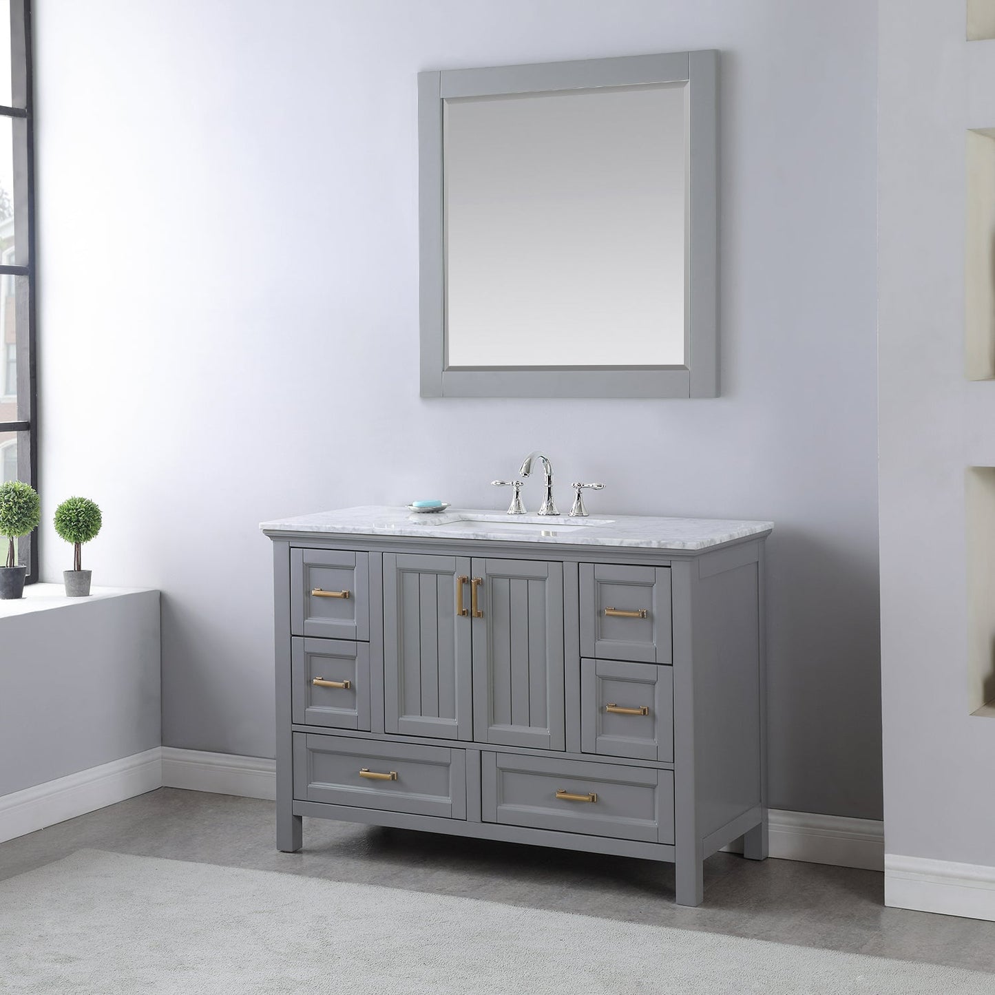 Isla 48" Single Bathroom Vanity Set in Gray and Carrara White Marble Countertop with Mirror