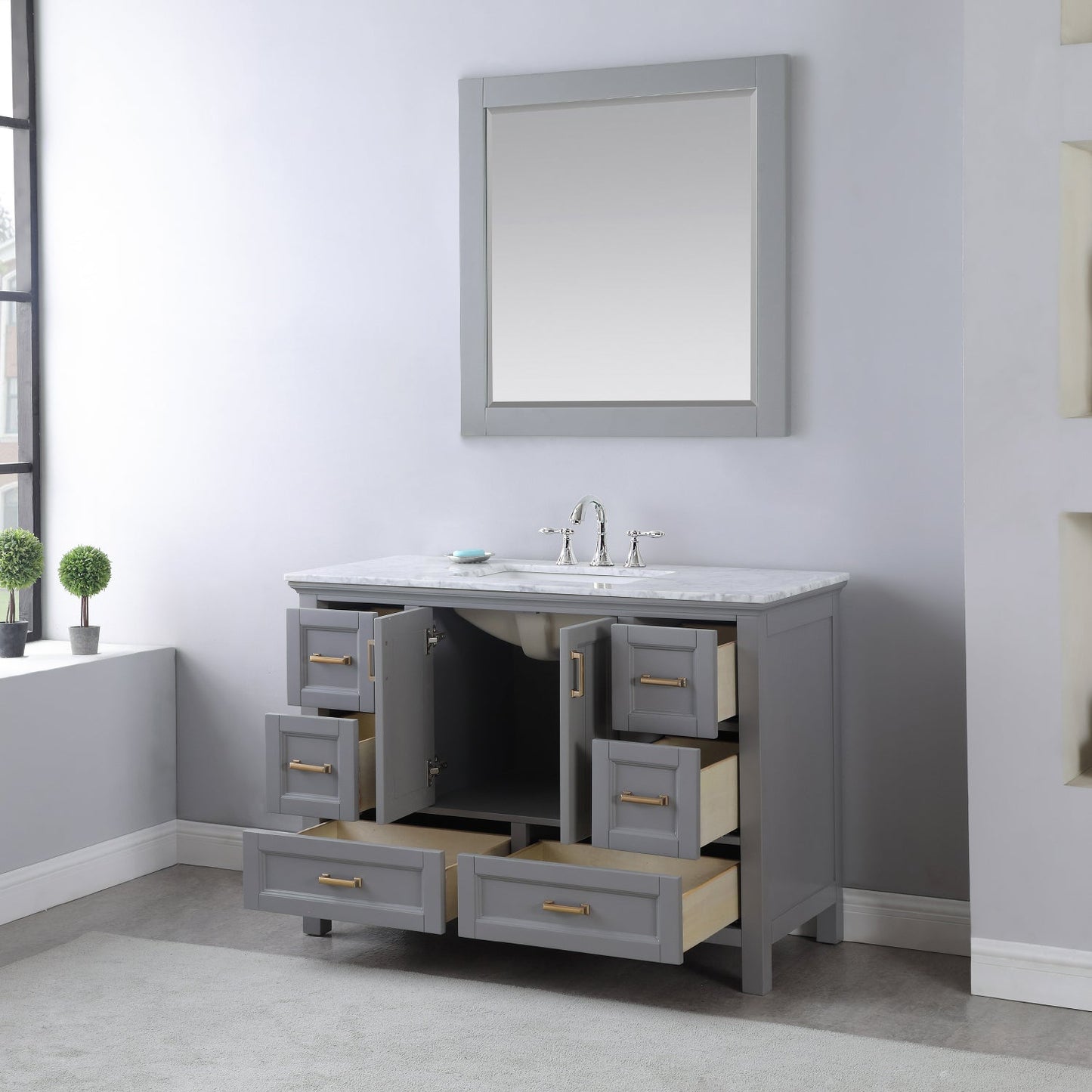 Isla 48" Single Bathroom Vanity Set in Gray and Carrara White Marble Countertop with Mirror