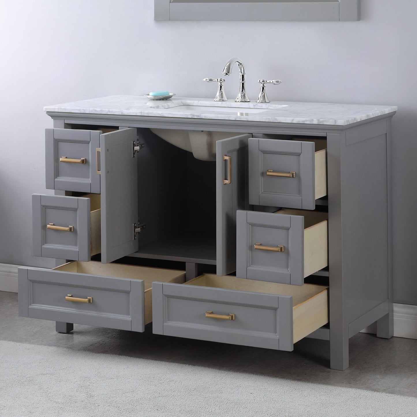 Isla 48" Single Bathroom Vanity Set in Gray and Carrara White Marble Countertop with Mirror