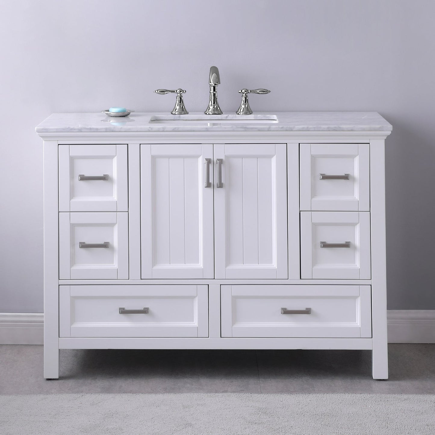 Isla 48" Single Bathroom Vanity Set in White and Carrara White Marble Countertop without Mirror