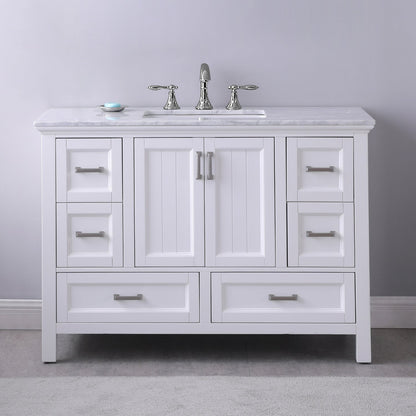 Isla 48" Single Bathroom Vanity Set in White and Carrara White Marble Countertop without Mirror