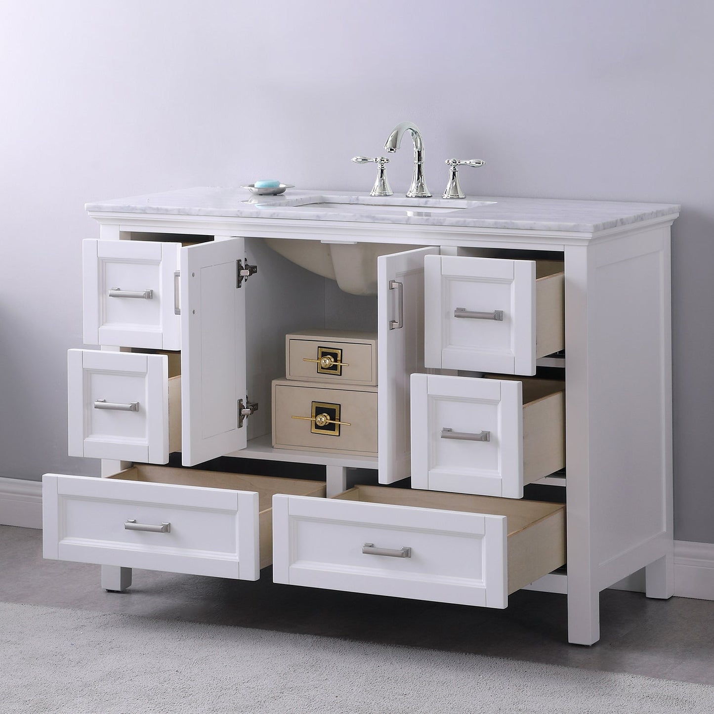 Isla 48" Single Bathroom Vanity Set in White and Carrara White Marble Countertop without Mirror