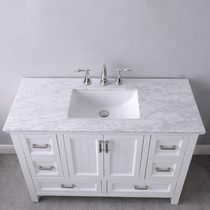 Isla 48" Single Bathroom Vanity Set in White and Carrara White Marble Countertop without Mirror