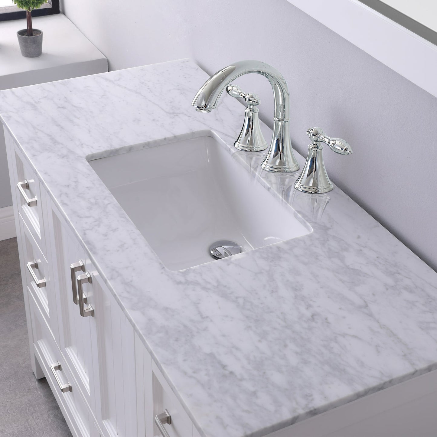Isla 48" Single Bathroom Vanity Set in White and Carrara White Marble Countertop without Mirror