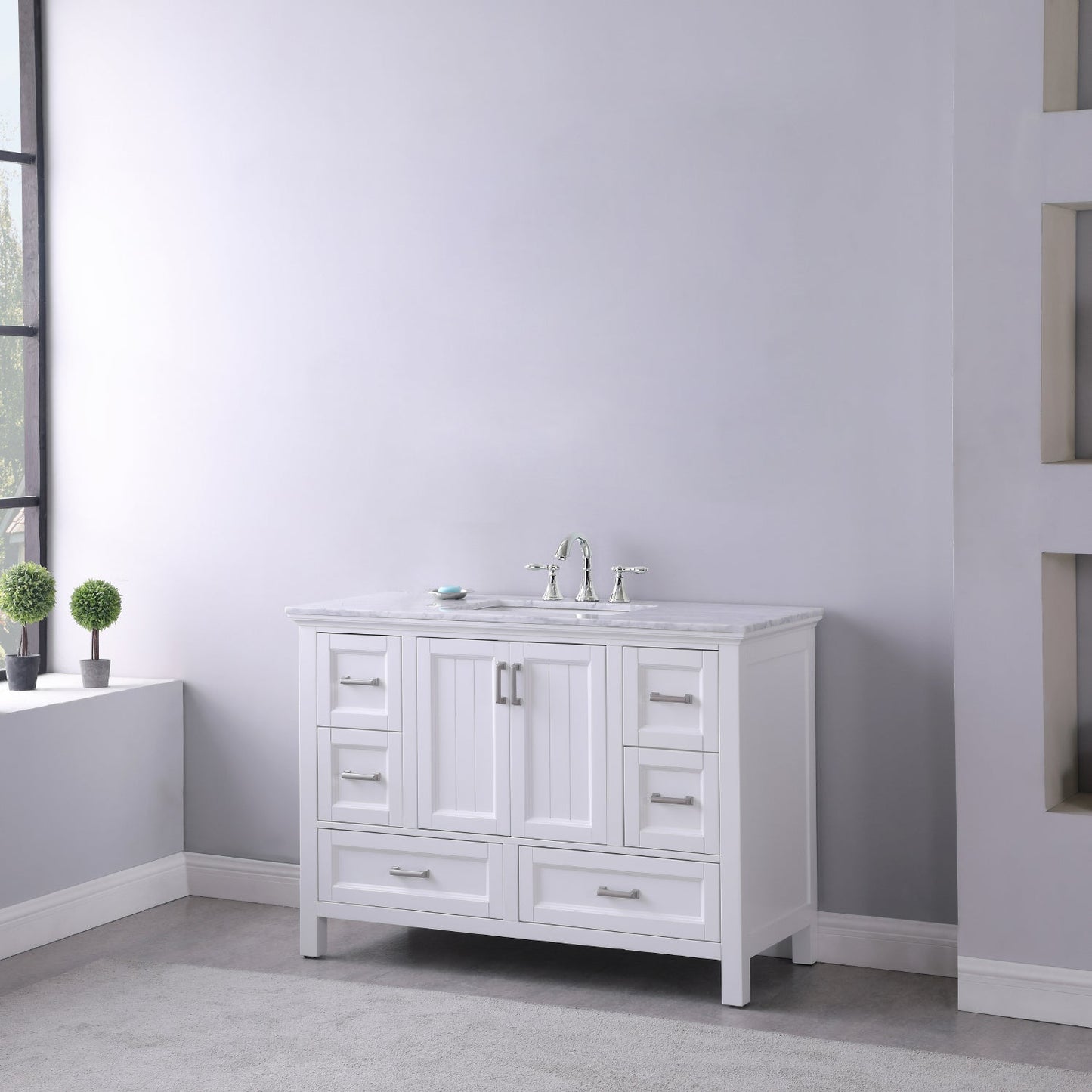 Isla 48" Single Bathroom Vanity Set in White and Carrara White Marble Countertop without Mirror