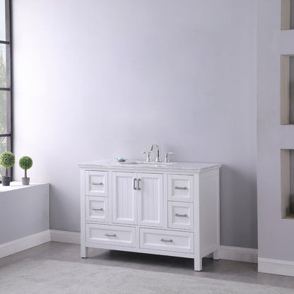 Isla 48" Single Bathroom Vanity Set in White and Carrara White Marble Countertop without Mirror