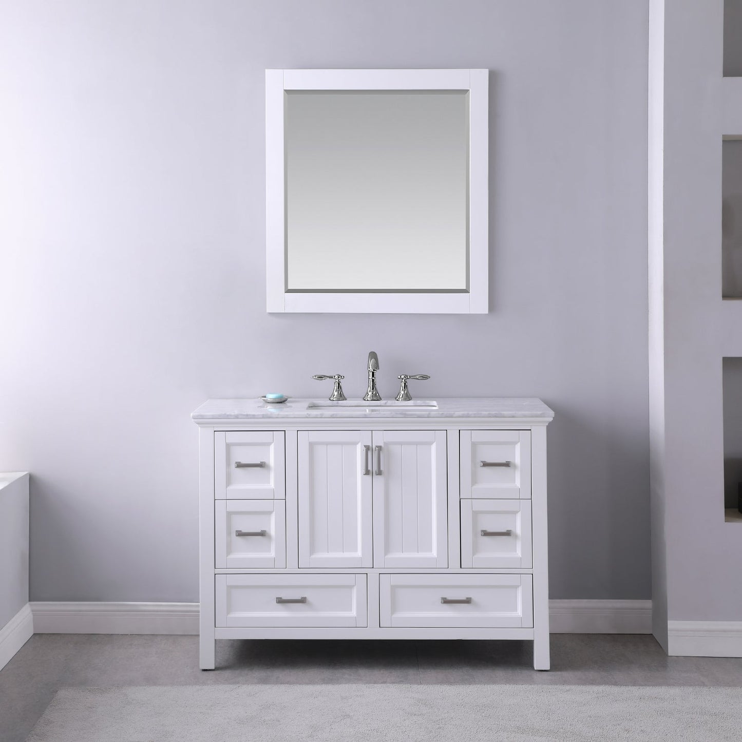 Isla 48" Single Bathroom Vanity Set in White and Carrara White Marble Countertop with Mirror