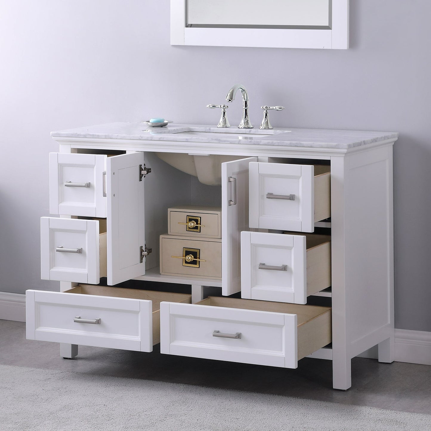 Isla 48" Single Bathroom Vanity Set in White and Carrara White Marble Countertop with Mirror