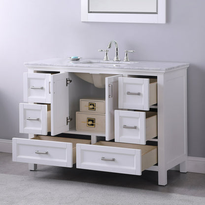 Isla 48" Single Bathroom Vanity Set in White and Carrara White Marble Countertop with Mirror