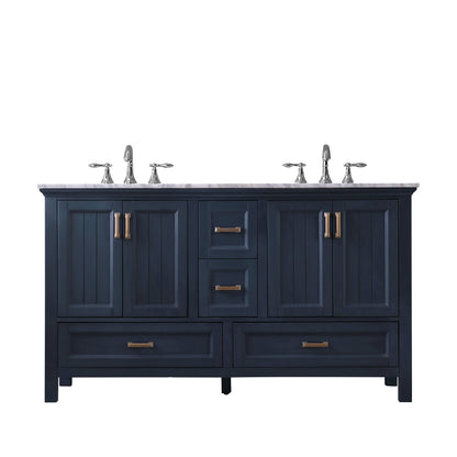 Isla 60" Double Bathroom Vanity Set in Classic Blue and Carrara White Marble Countertop without Mirror