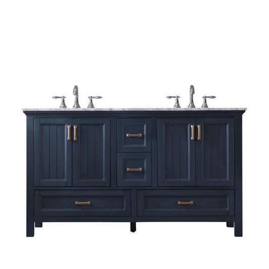 Isla 60" Double Bathroom Vanity Set in Classic Blue and Carrara White Marble Countertop without Mirror