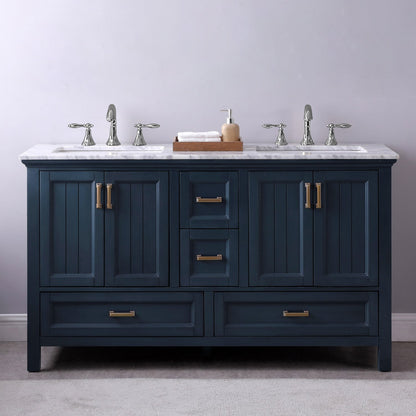 Isla 60" Double Bathroom Vanity Set in Classic Blue and Carrara White Marble Countertop without Mirror