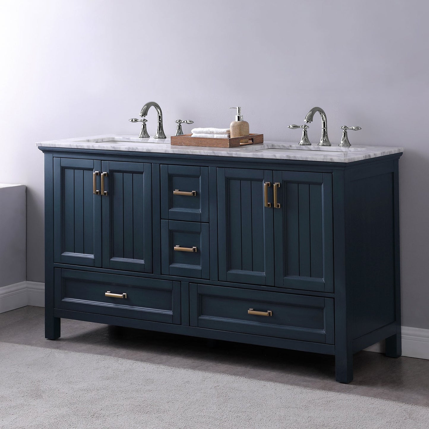 Isla 60" Double Bathroom Vanity Set in Classic Blue and Carrara White Marble Countertop without Mirror
