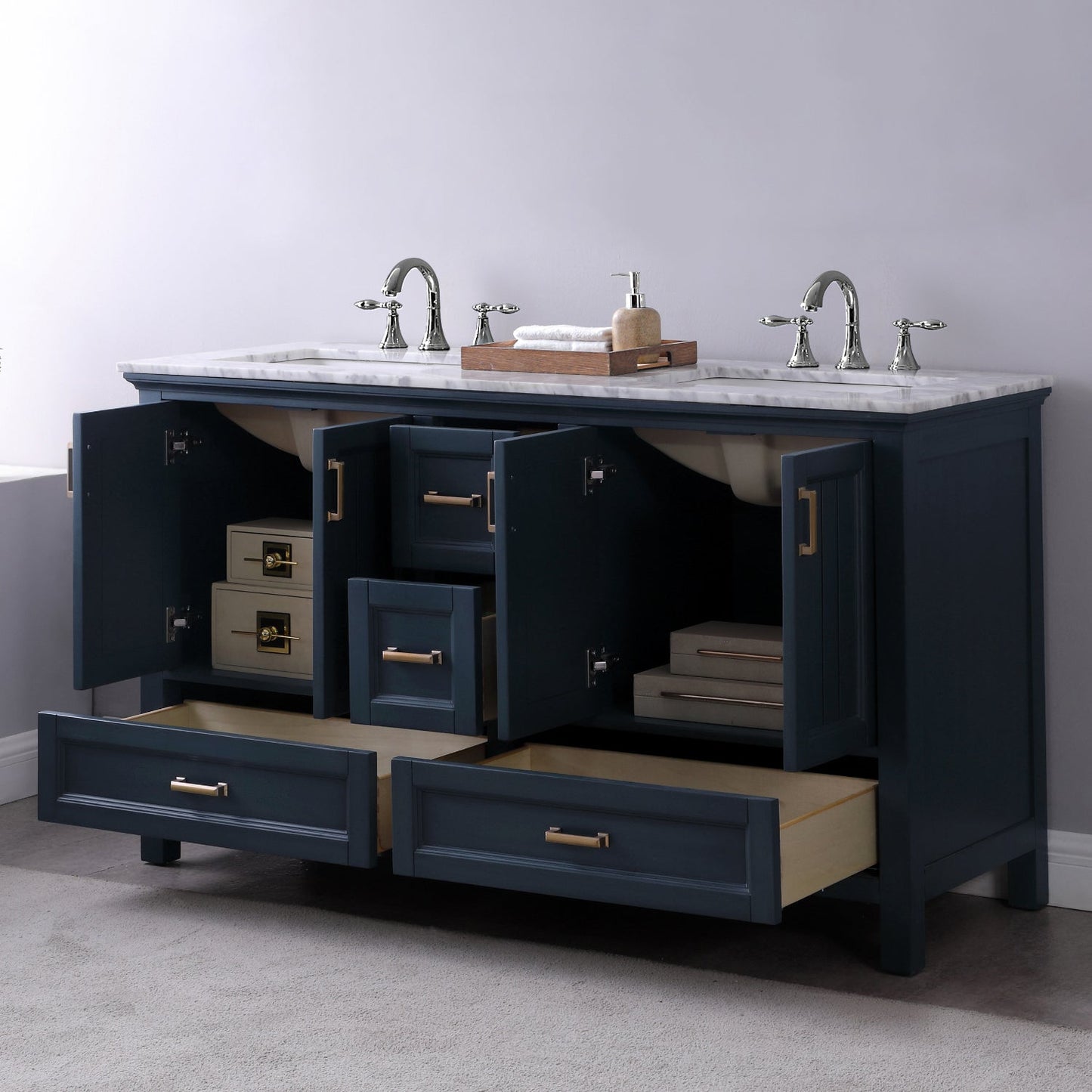 Isla 60" Double Bathroom Vanity Set in Classic Blue and Carrara White Marble Countertop without Mirror