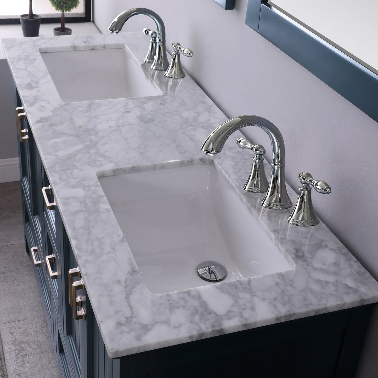 Isla 60" Double Bathroom Vanity Set in Classic Blue and Carrara White Marble Countertop without Mirror