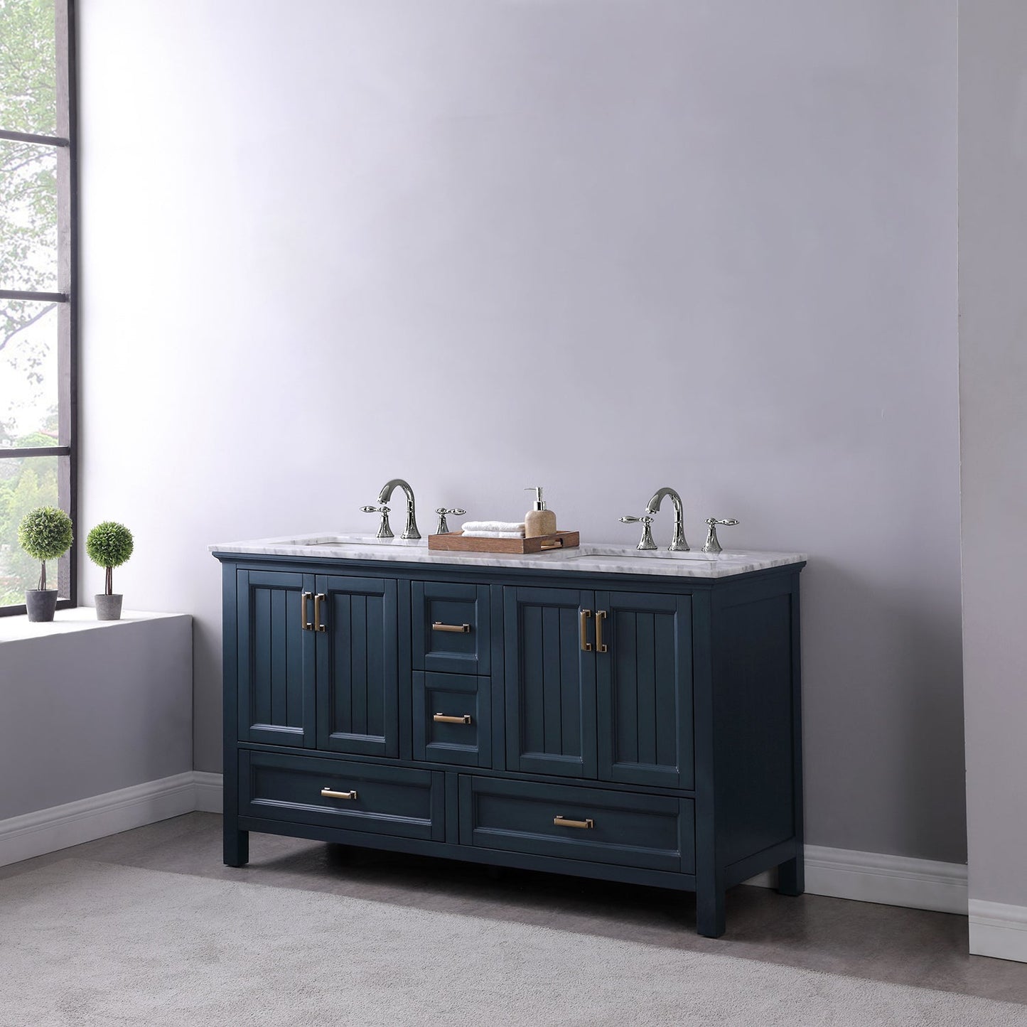 Isla 60" Double Bathroom Vanity Set in Classic Blue and Carrara White Marble Countertop without Mirror