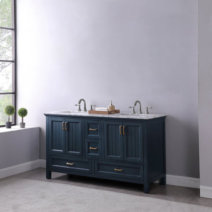 Isla 60" Double Bathroom Vanity Set in Classic Blue and Carrara White Marble Countertop without Mirror