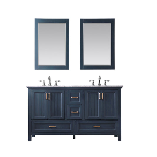 Isla 60" Double Bathroom Vanity Set in Classic Blue and Carrara White Marble Countertop with Mirror