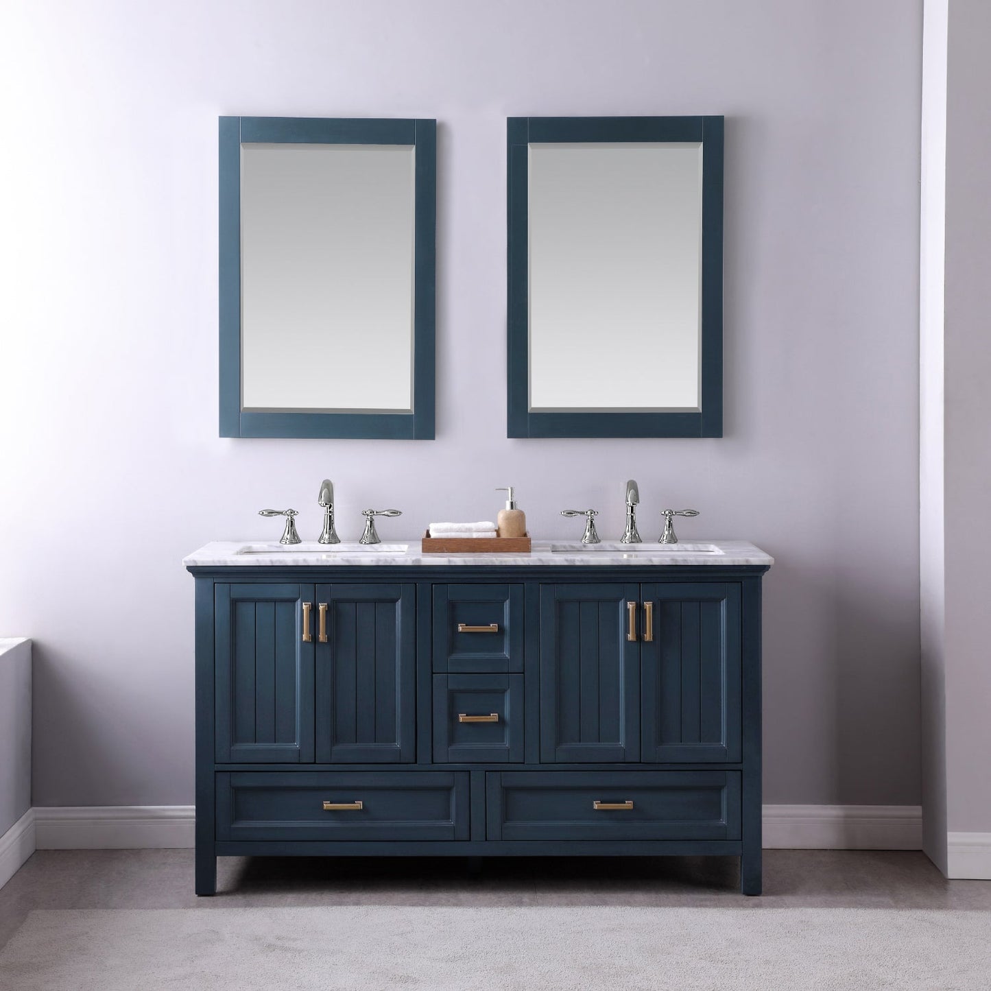 Isla 60" Double Bathroom Vanity Set in Classic Blue and Carrara White Marble Countertop with Mirror