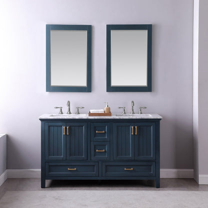Isla 60" Double Bathroom Vanity Set in Classic Blue and Carrara White Marble Countertop with Mirror