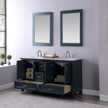 Isla 60" Double Bathroom Vanity Set in Classic Blue and Carrara White Marble Countertop with Mirror