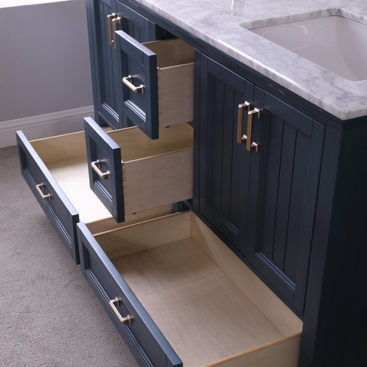 Isla 60" Double Bathroom Vanity Set in Classic Blue and Carrara White Marble Countertop with Mirror