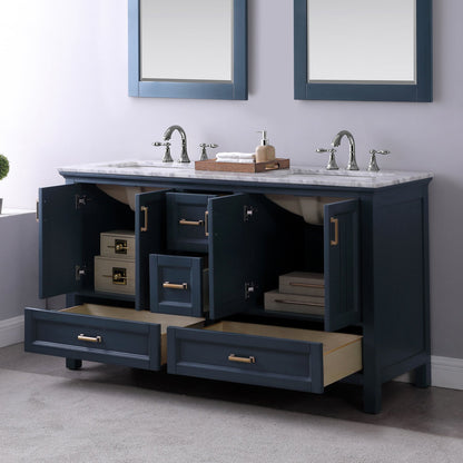 Isla 60" Double Bathroom Vanity Set in Classic Blue and Carrara White Marble Countertop with Mirror