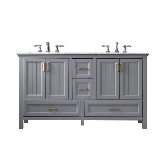 Isla 60" Double Bathroom Vanity Set in Gray and Carrara White Marble Countertop without Mirror