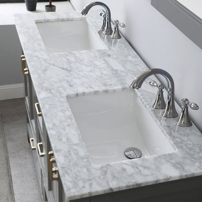 Isla 60" Double Bathroom Vanity Set in Gray and Carrara White Marble Countertop without Mirror