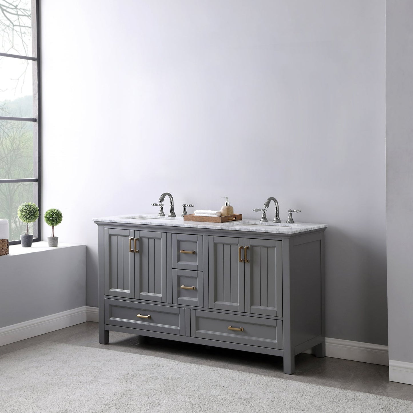 Isla 60" Double Bathroom Vanity Set in Gray and Carrara White Marble Countertop without Mirror