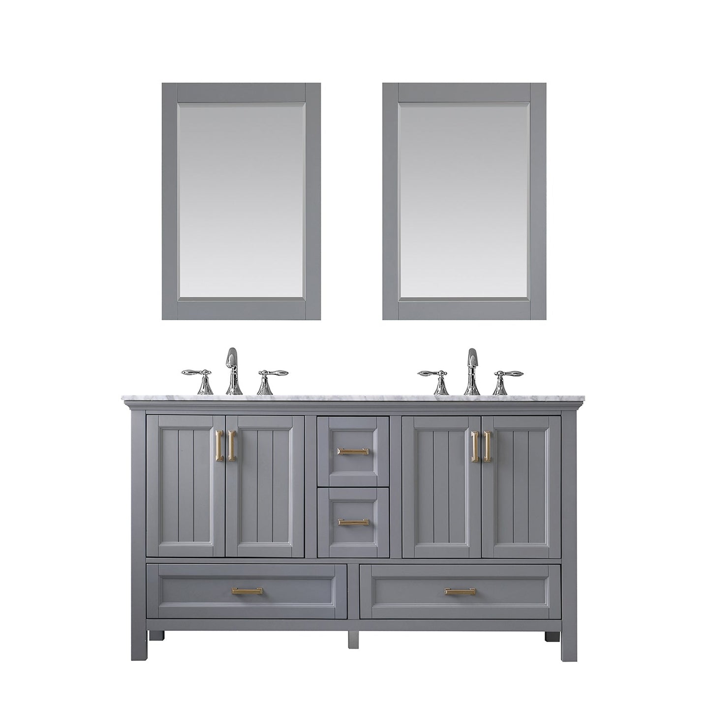 Isla 60" Double Bathroom Vanity Set in Gray and Carrara White Marble Countertop with Mirror