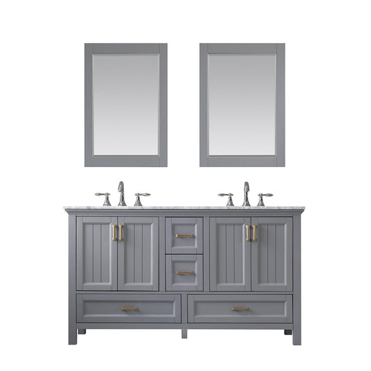 Isla 60" Double Bathroom Vanity Set in Gray and Carrara White Marble Countertop with Mirror