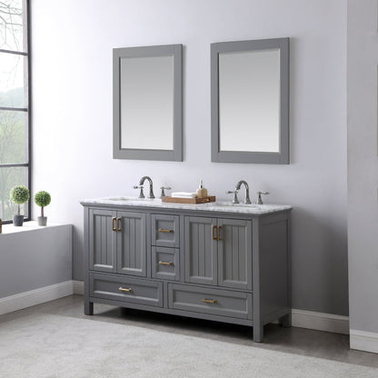 Isla 60" Double Bathroom Vanity Set in Gray and Carrara White Marble Countertop with Mirror