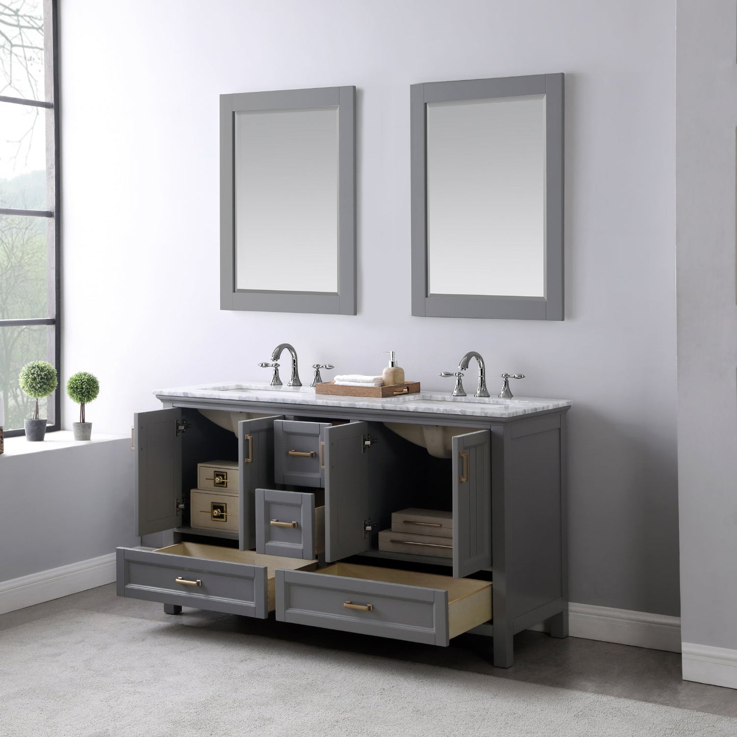 Isla 60" Double Bathroom Vanity Set in Gray and Carrara White Marble Countertop with Mirror