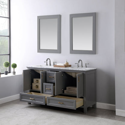 Isla 60" Double Bathroom Vanity Set in Gray and Carrara White Marble Countertop with Mirror