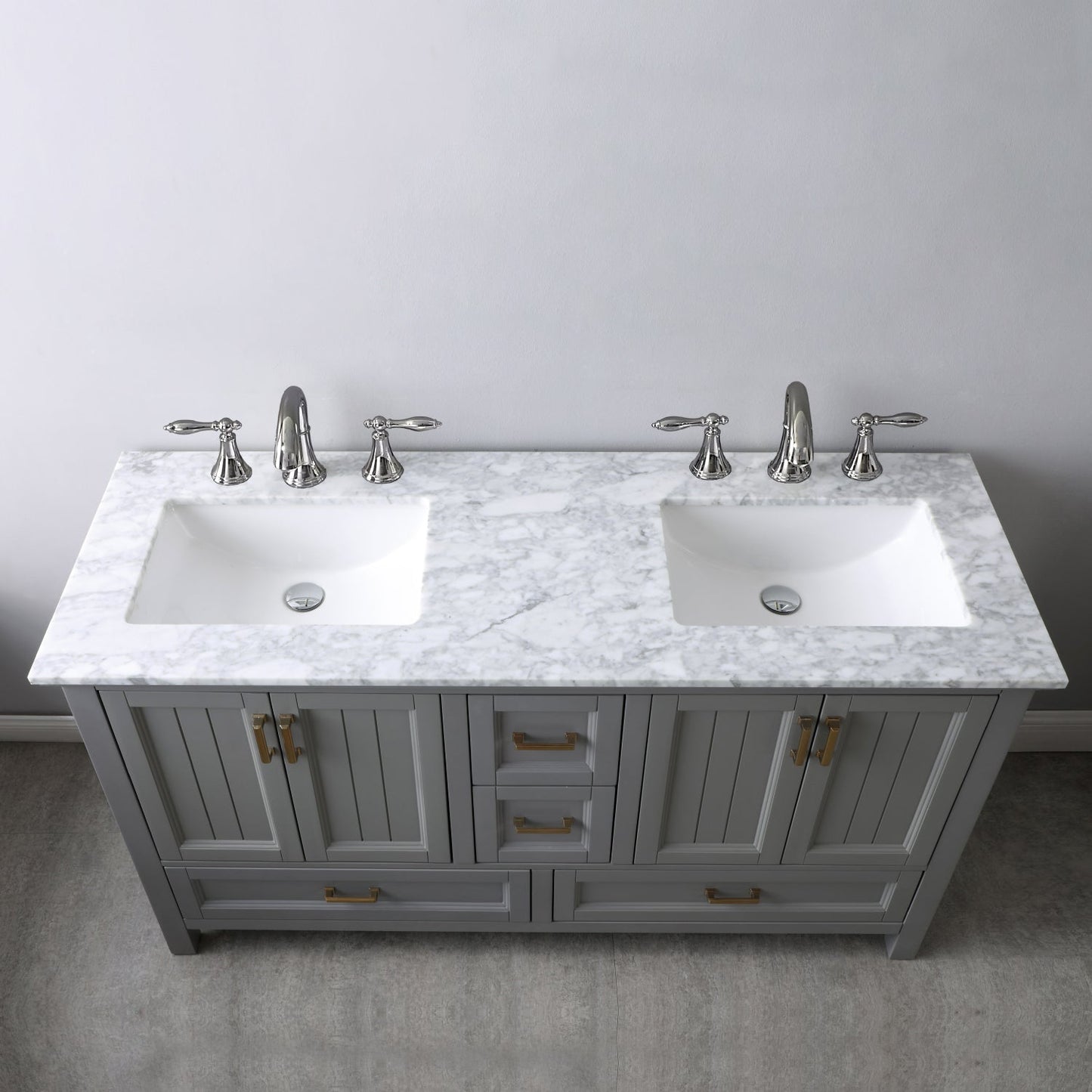 Isla 60" Double Bathroom Vanity Set in Gray and Carrara White Marble Countertop with Mirror