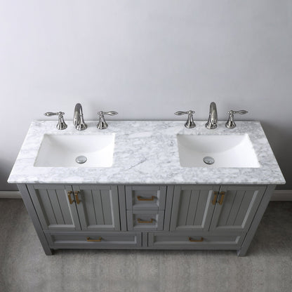 Isla 60" Double Bathroom Vanity Set in Gray and Carrara White Marble Countertop with Mirror